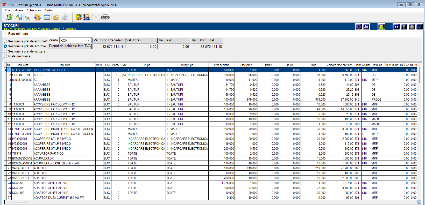 ROA Gestiune — Situație stocuri