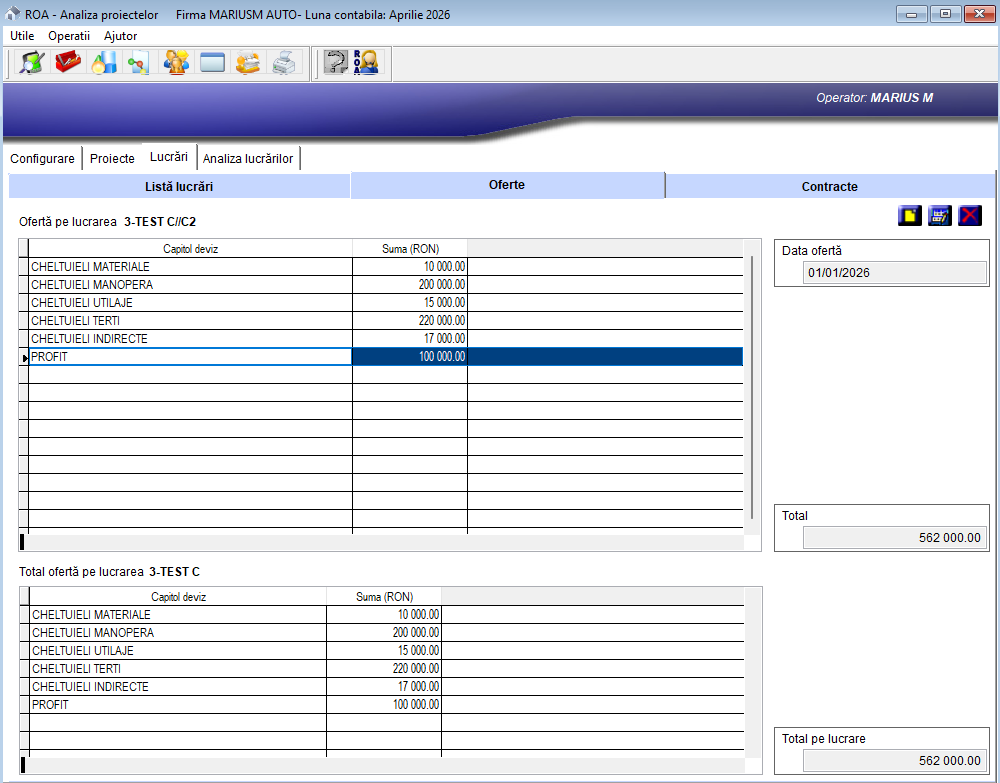 ROA Construcții — Ofertă pe lucrare